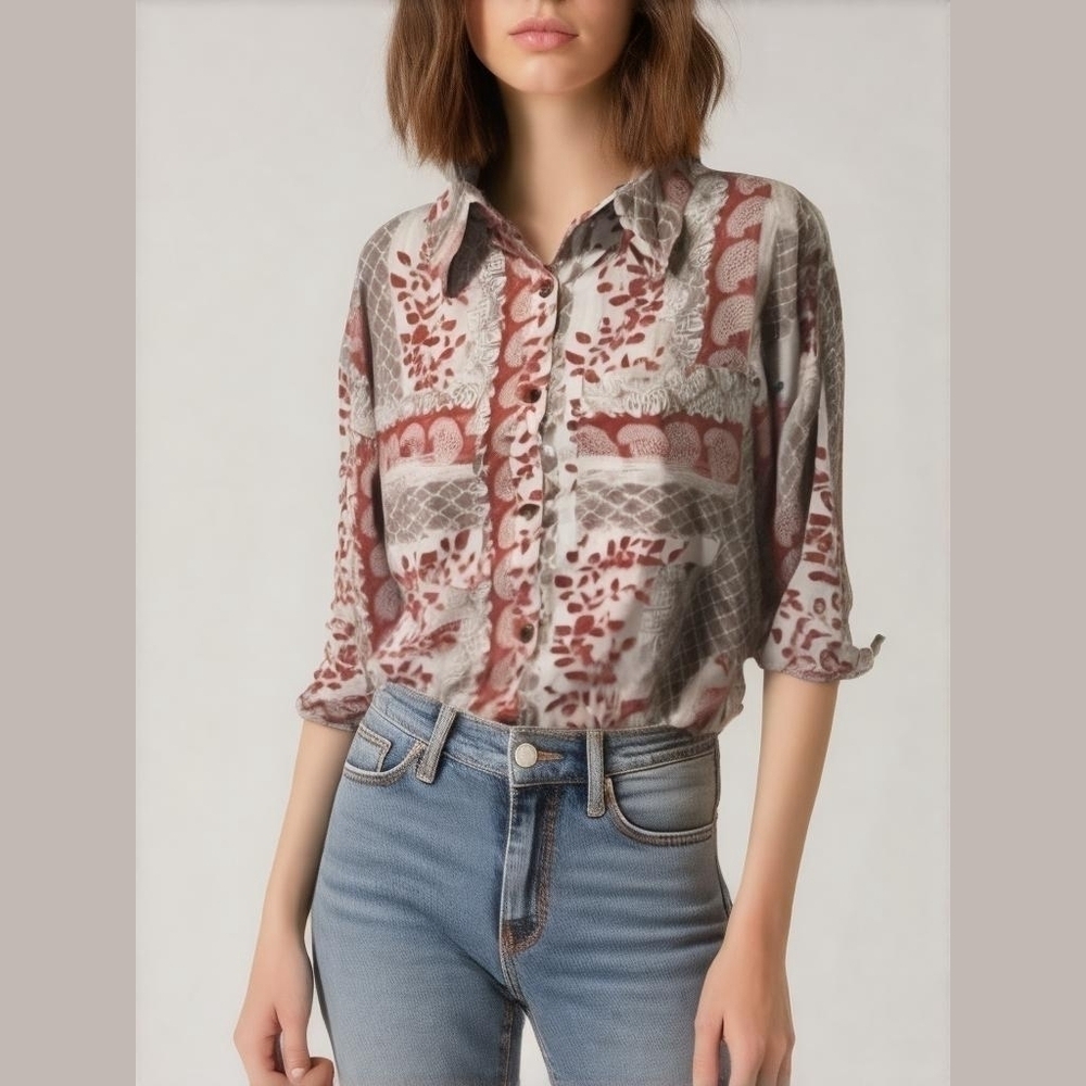 BUCKETLIST Western Boho Top M Casual Aztec Country Southwestern Boutique NWOT